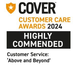 COVER Customer Care Awards 2024 – Highly Commended in the category “Customer Service: ‘Above and Beyond’”, featuring a shield logo with a star.