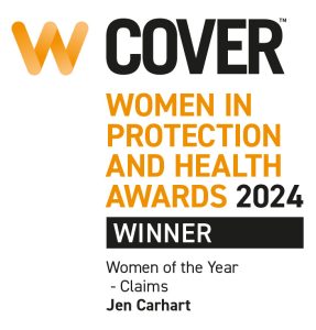 COVER Women in Protection and Health Awards 2024 – Winner: Women of the Year – Underwriting, awarded to Jen Carhart. The image features a bold ‘W COVER’ logo and orange and black text on a white background.