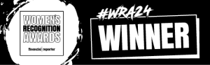 Women’s Recognition Awards by Financial Reporter – #WRA24 Winner badge displayed in bold white text on a black background with paintbrush-style design elements.
