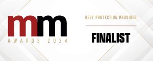 MM Awards 2024 – Finalist for Best Protection Provider. The image features the ‘mm’ logo in red and black on a white and gold geometric background.