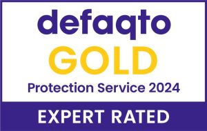 Defaqto Gold Protection Service 2024 – Expert Rated. The image features bold purple and gold text on a white background with a purple border.