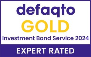 Defaqto Gold Investment Bond Service 2024 – Expert Rated. The image features bold purple and gold text on a white background with a purple border.