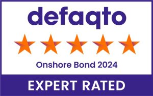 Defaqto 5-star rating for Onshore Bond 2024 – Expert Rated. The image features five orange stars and bold purple text on a white background with a purple border.